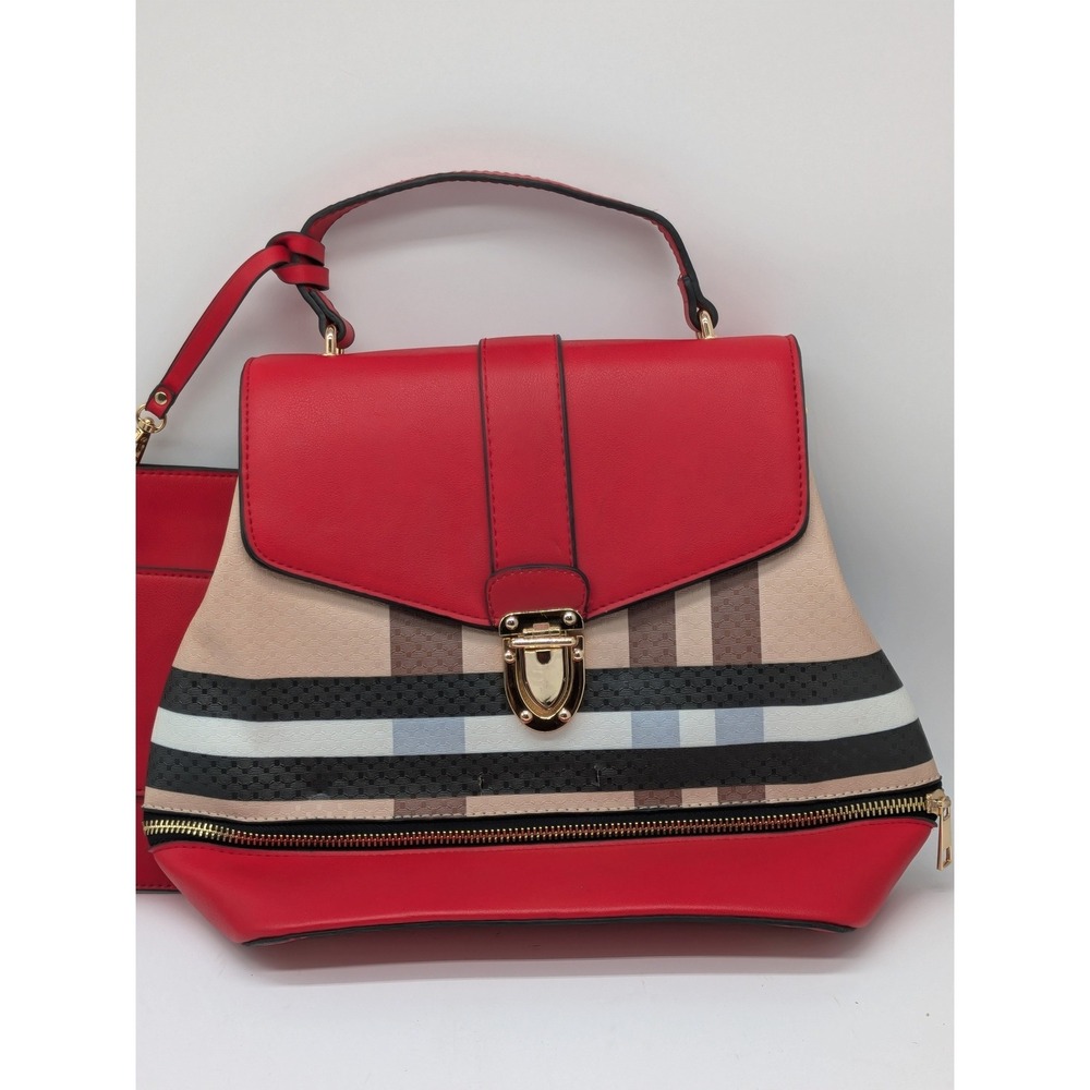 Red Plaid Check Satchel Handbag 13x11 Matching Wallet 7.5x5 NWOT